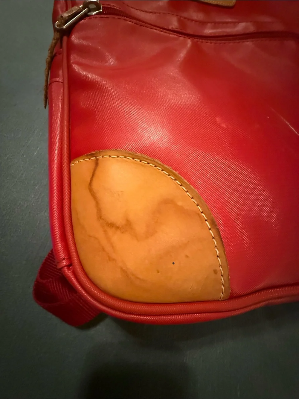 USED JON HART Red Nylon Backpack with Tan Leather Trim